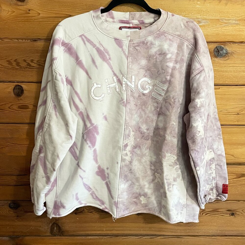 CHNGE Tie Dye Embroidered Logo Pullover Crew Neck Sweatshirt Purple/Pink Small